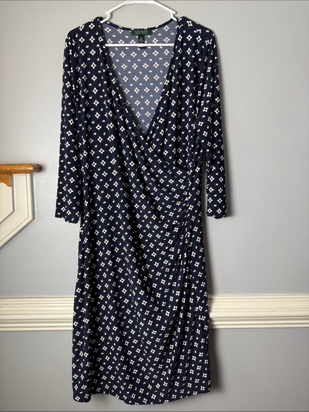 Ralph Lauren Navy Faux-Wrap Dress with White Geo Motif